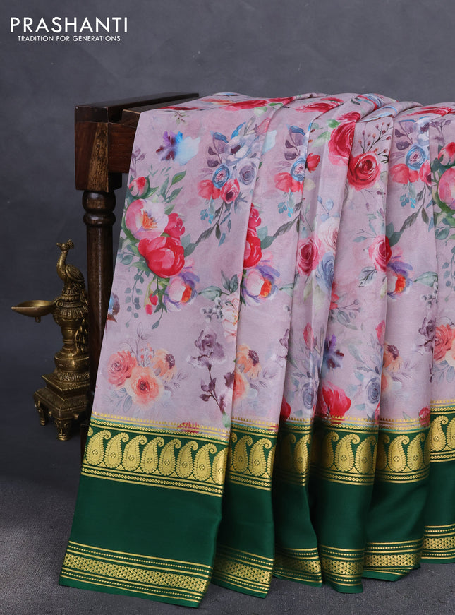 Pure mysore silk saree pastel purple and green with allover floral prints and zari woven border