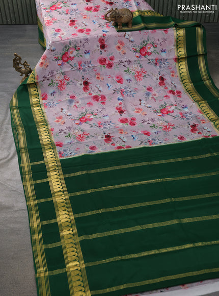 Pure mysore silk saree pastel purple and green with allover floral prints and zari woven border
