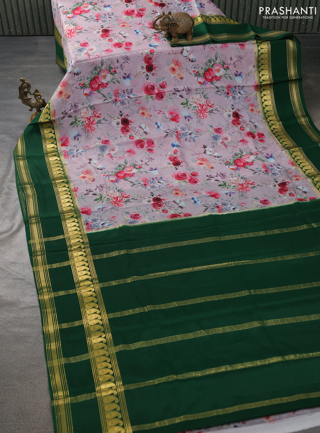Pure mysore silk saree pastel purple and green with allover floral prints and zari woven border