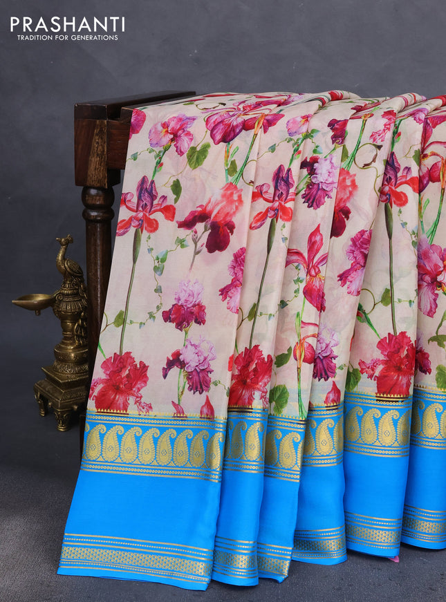 Pure mysore silk saree beige and cs blue with allover floral prints and rettapet zari woven border
