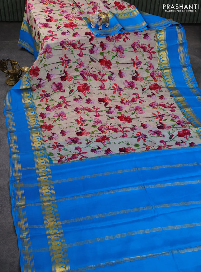 Pure mysore silk saree beige and cs blue with allover floral prints and rettapet zari woven border