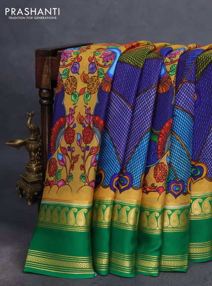Pure mysore silk saree mustard yellow and green with allover digital prints and rettapet zari woven border