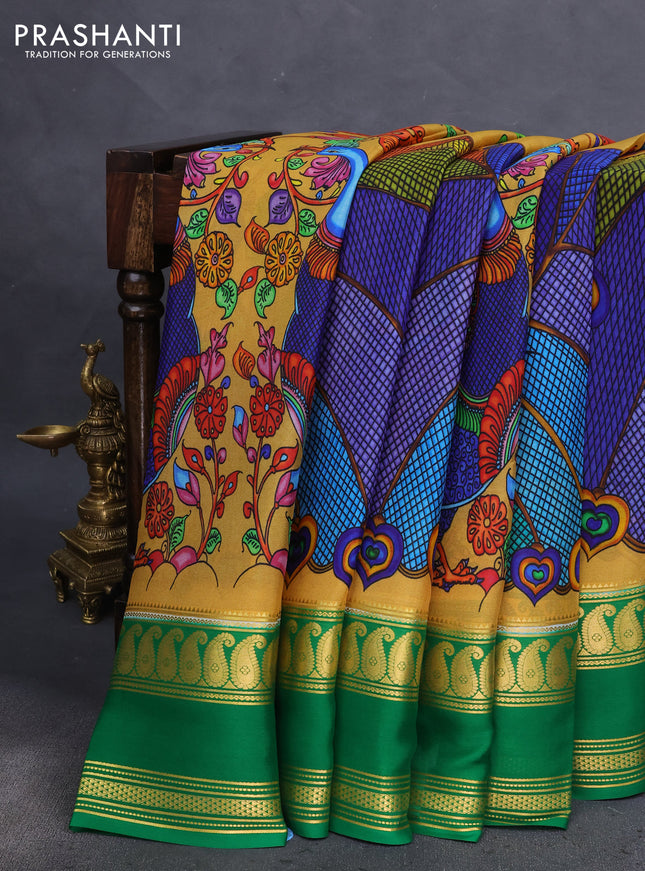 Pure mysore silk saree mustard yellow and green with allover digital prints and rettapet zari woven border