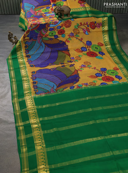 Pure mysore silk saree mustard yellow and green with allover digital prints and rettapet zari woven border