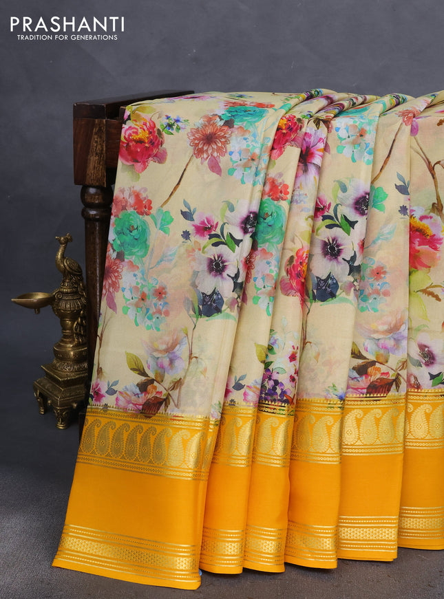 Pure mysore silk saree pale yellow and mango yellow with allover floral prints and rettapet zari woven border