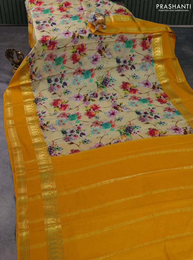 Pure mysore silk saree pale yellow and mango yellow with allover floral prints and rettapet zari woven border