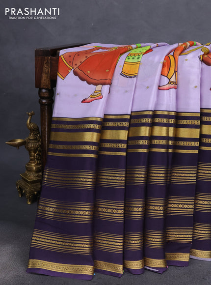 Pure mysore silk saree lavender and dark blue with digital prints & zari buttas and long zari woven border