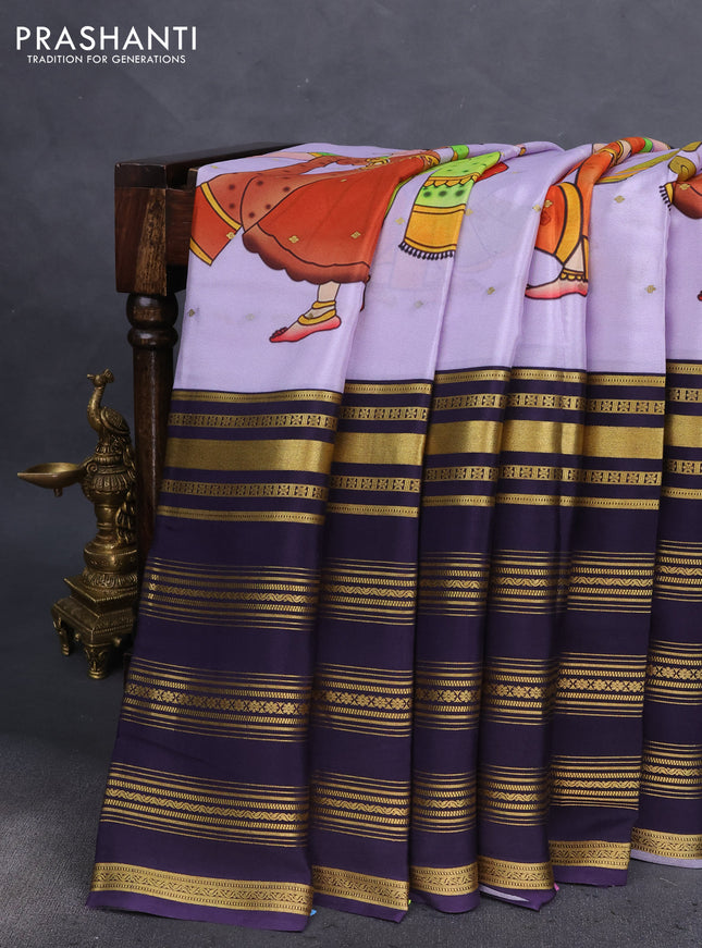 Pure mysore silk saree lavender and dark blue with digital prints & zari buttas and long zari woven border