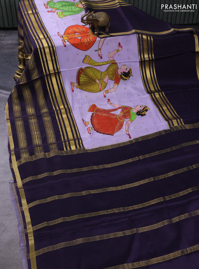 Pure mysore silk saree lavender and dark blue with digital prints & zari buttas and long zari woven border