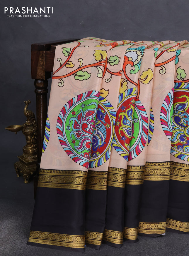 Pure mysore silk saree sandal and black with allover kalamkari prints and rettapet zari woven border