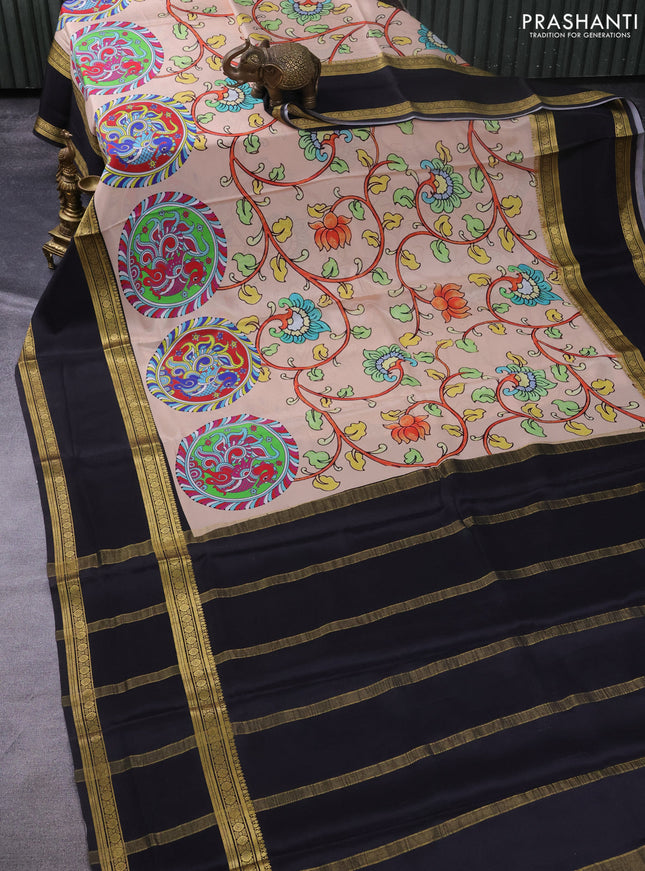 Pure mysore silk saree sandal and black with allover kalamkari prints and rettapet zari woven border