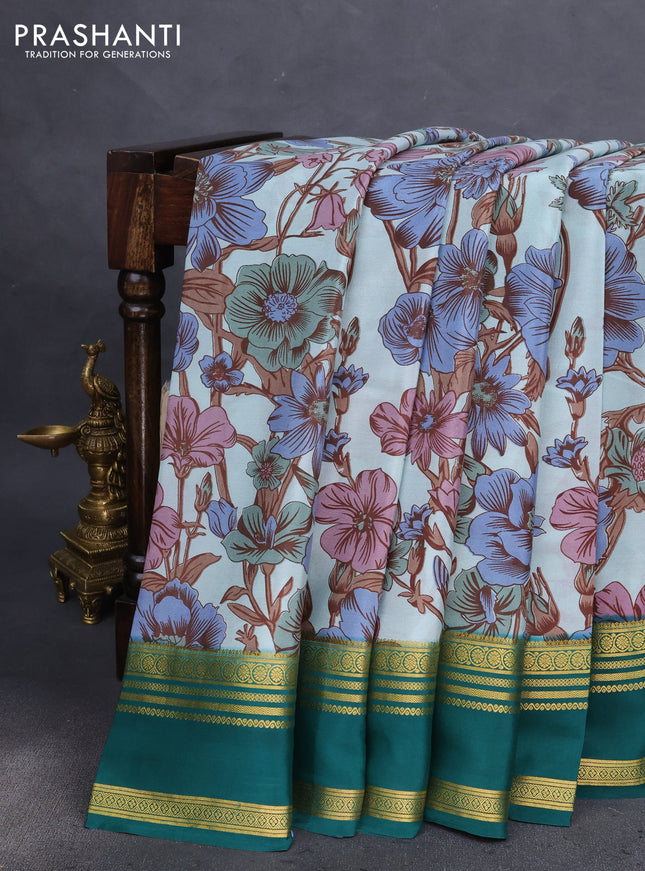 Pure mysore silk saree pastel green and green with floral digital prints and rettapet zari woven border