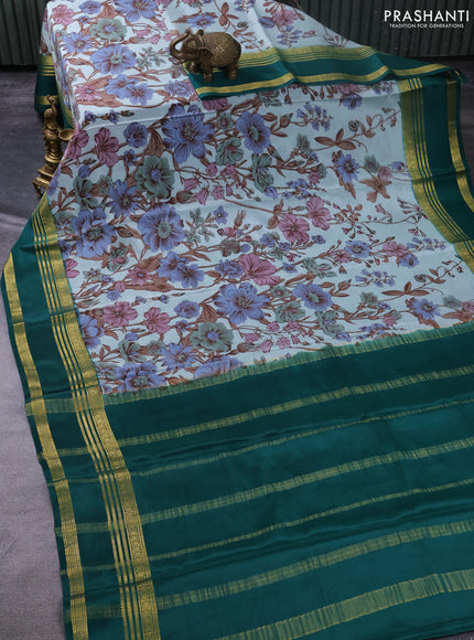 Pure mysore silk saree pastel green and green with floral digital prints and rettapet zari woven border