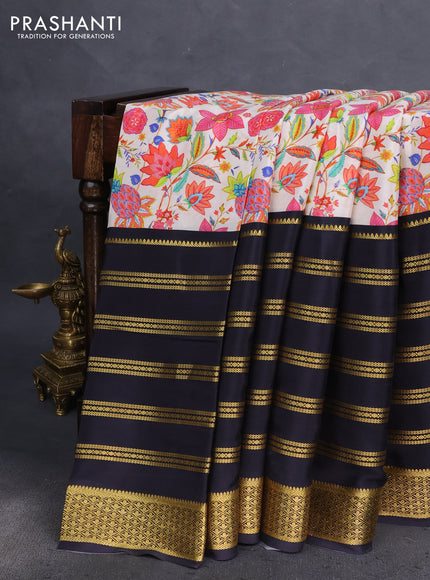 Pure mysore silk saree cream and black with floral digital prints and long zari woven border