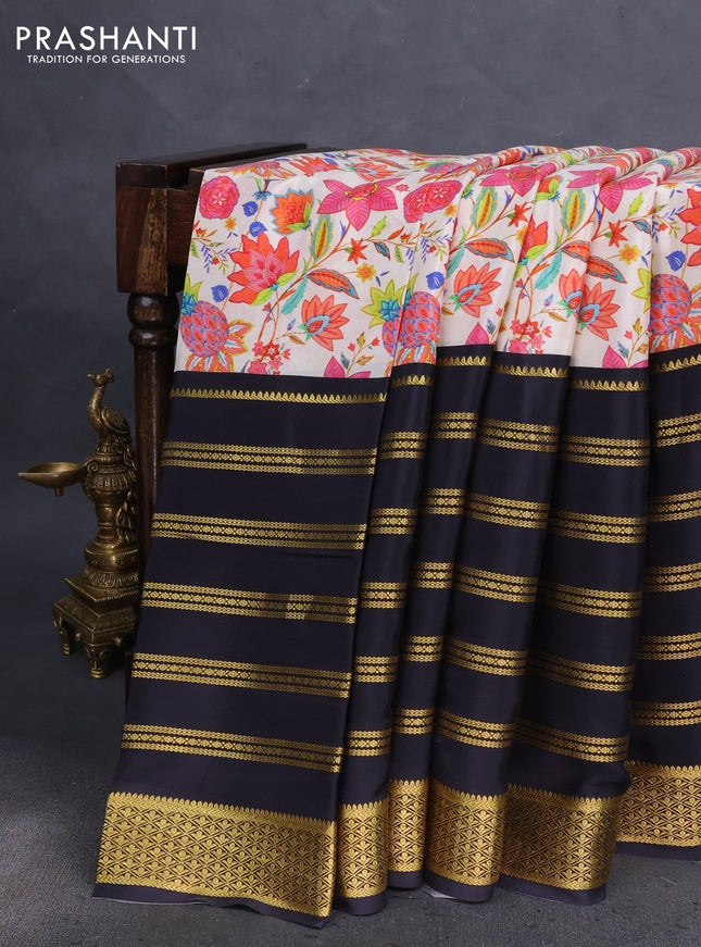 Pure mysore silk saree cream and black with floral digital prints and long zari woven border