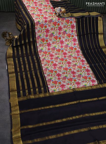 Pure mysore silk saree cream and black with floral digital prints and long zari woven border