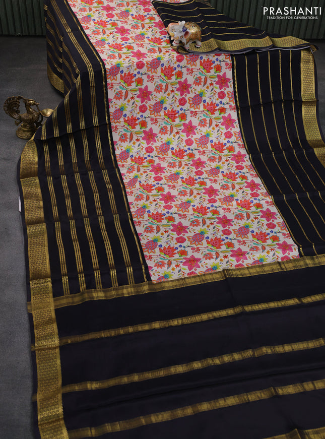 Pure mysore silk saree cream and black with floral digital prints and long zari woven border