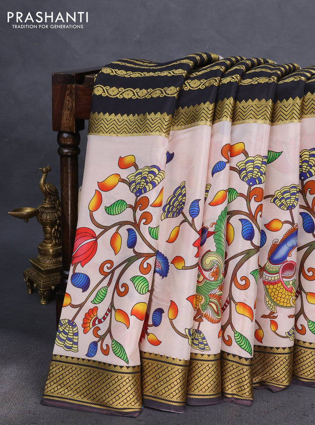 Pure mysore silk saree black and beige with zari stripes pattern and long kalamkari prints border