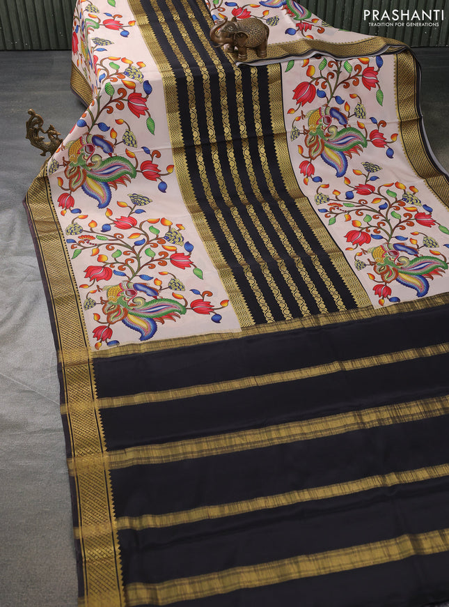 Pure mysore silk saree black and beige with zari stripes pattern and long kalamkari prints border