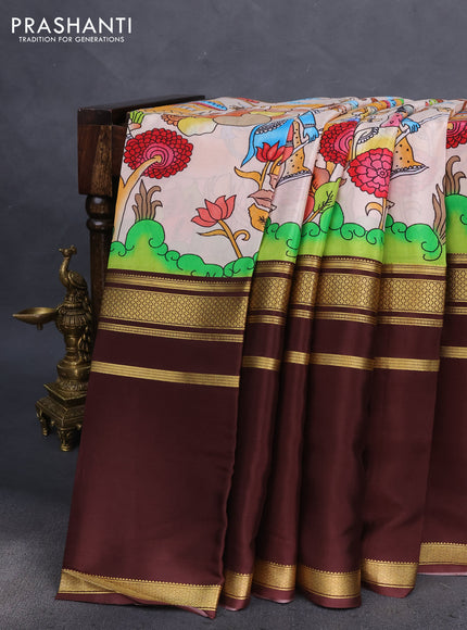 Pure mysore silk saree beige and brown with allover digital prints and rettapet zari woven border