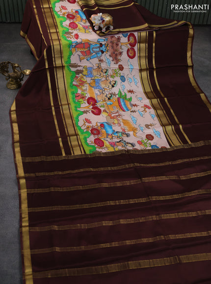 Pure mysore silk saree beige and brown with allover digital prints and rettapet zari woven border