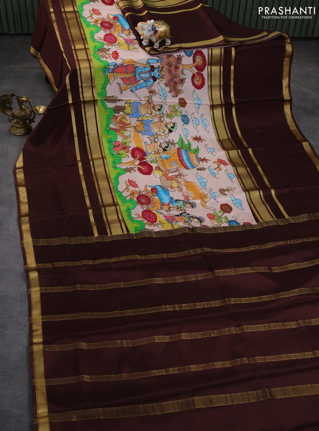 Pure mysore silk saree beige and brown with allover digital prints and rettapet zari woven border
