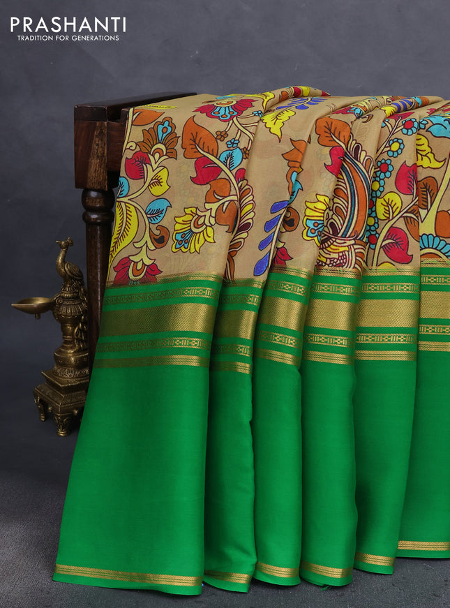 Pure mysore silk saree sandal and green with allover kalamkari prints and long rettapet zari woven border