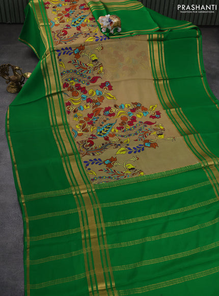 Pure mysore silk saree sandal and green with allover kalamkari prints and long rettapet zari woven border