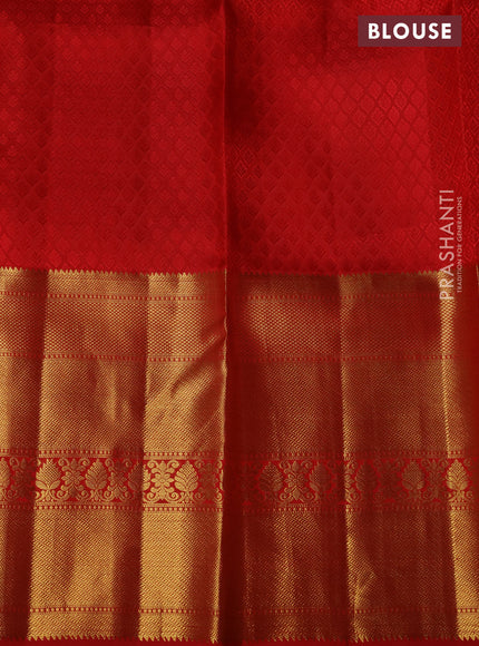 Pure kanchipuram silk lehenga light green and red with allover self emboss & paisley zari weaves and long rich zari woven border