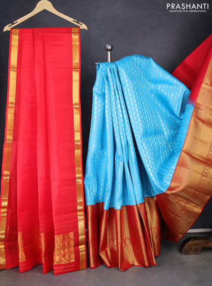 Pure kanchipuram silk lehenga blue and red with allover self emboss & paisley zari weaves and long rich zari woven border