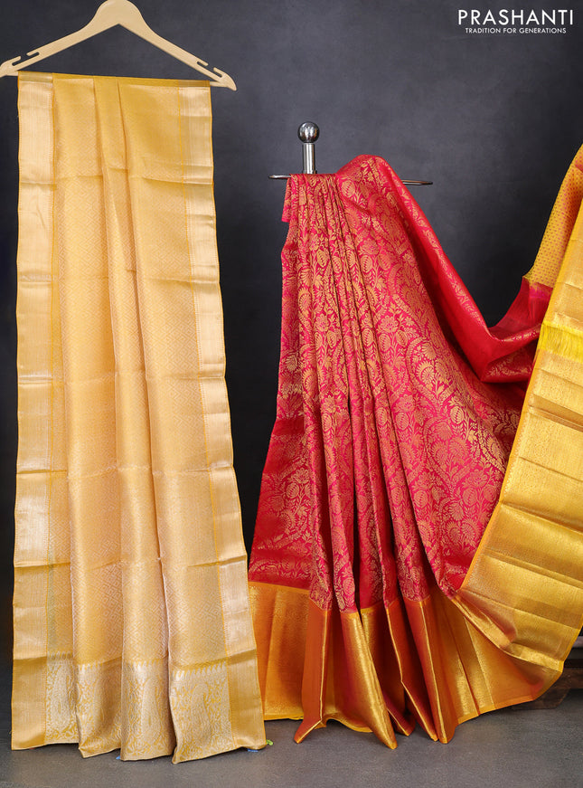 Pure kanchipuram silk lehenga dual shade of pink and mustard yellow with allover zari woven floral broacde weaves and long zari woven border