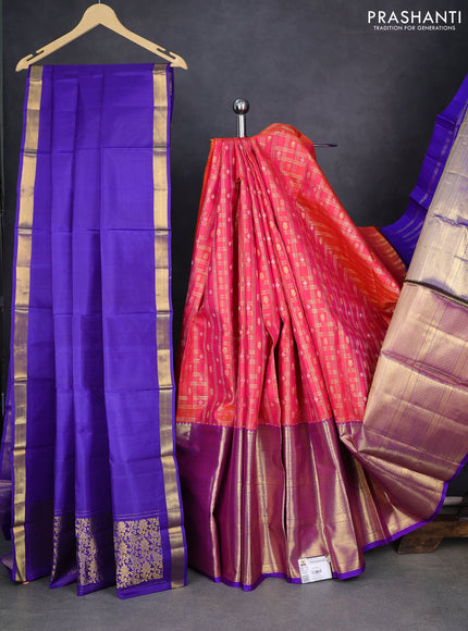 Pure kanchipuram silk lehenga dual shade of pinkish orange and blue with allover zari checks & buttas and long zari woven border