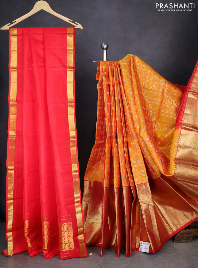 Pure kanchipuram silk lehenga dual shade of mustard yellow and red with allover zari checks & buttas and long zari woven border