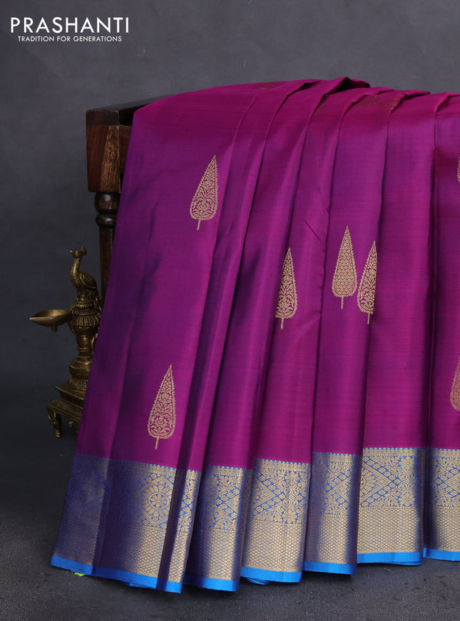Pure kanchipuram silk saree purple and cs blue with zari woven buttas and zari woven border