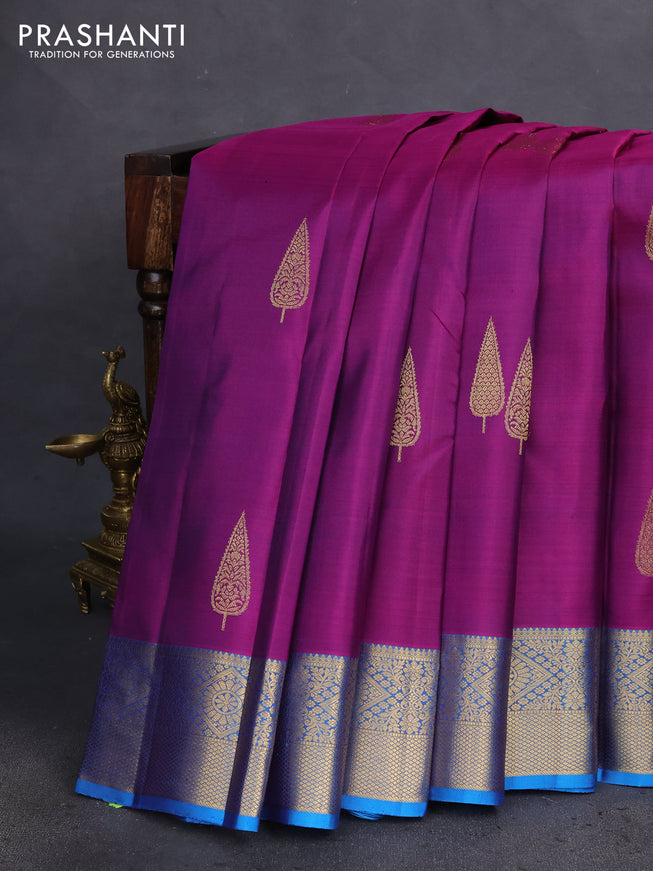 Pure kanchipuram silk saree purple and cs blue with zari woven buttas and zari woven border