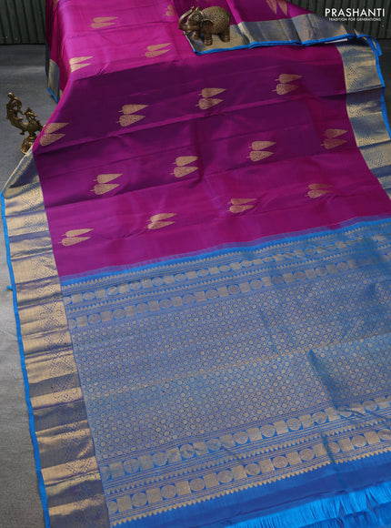Pure kanchipuram silk saree purple and cs blue with zari woven buttas and zari woven border