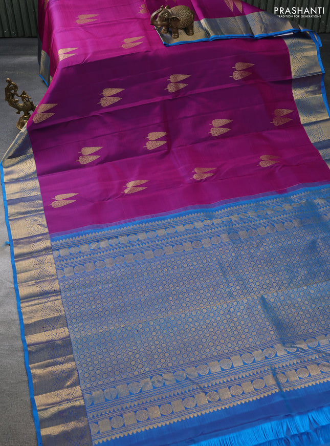 Pure kanchipuram silk saree purple and cs blue with zari woven buttas and zari woven border