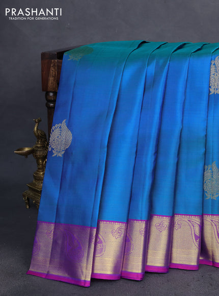 Pure kanchipuram silk saree dual shade of cs blue and pink with zari woven buttas and zari woven border