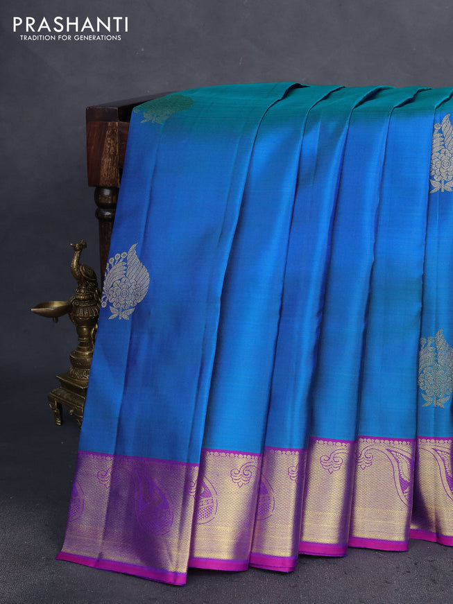 Pure kanchipuram silk saree dual shade of cs blue and pink with zari woven buttas and zari woven border