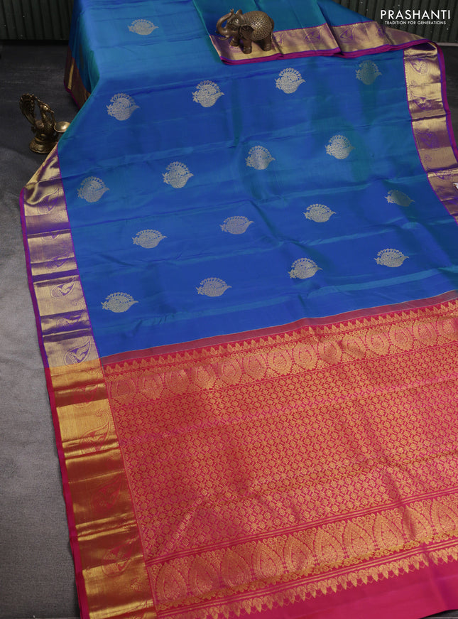 Pure kanchipuram silk saree dual shade of cs blue and pink with zari woven buttas and zari woven border