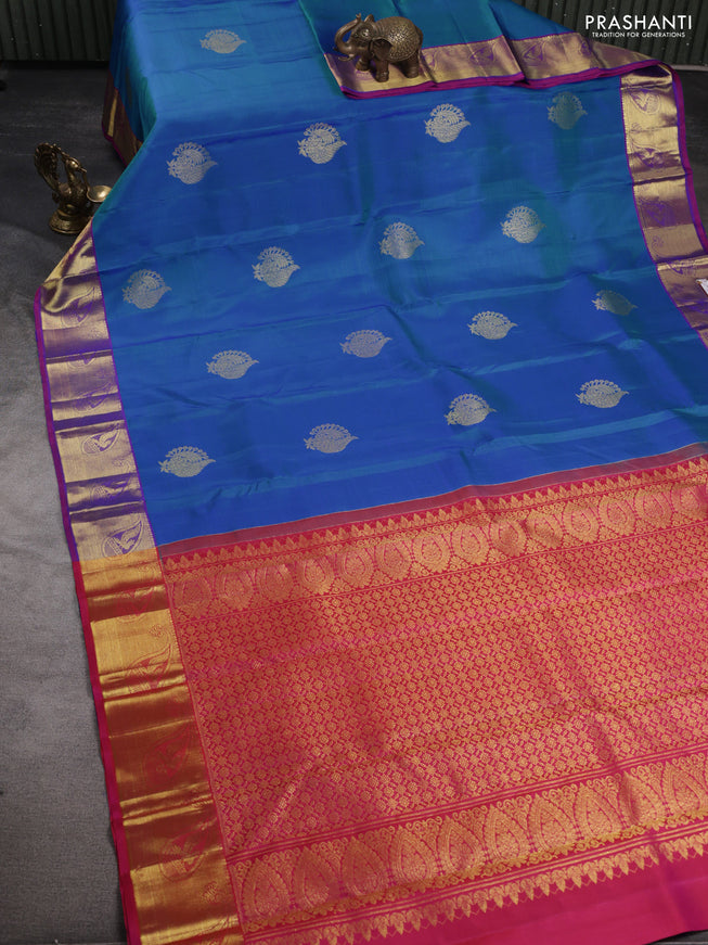 Pure kanchipuram silk saree dual shade of cs blue and pink with zari woven buttas and zari woven border