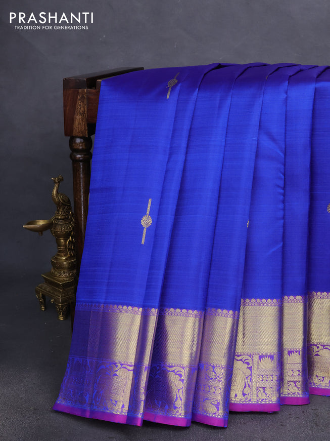 Pure kanchipuram silk saree royal blue and dual shade of pink with zari woven buttas and zari woven border