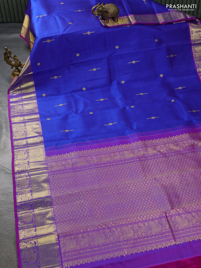 Pure kanchipuram silk saree royal blue and dual shade of pink with zari woven buttas and zari woven border