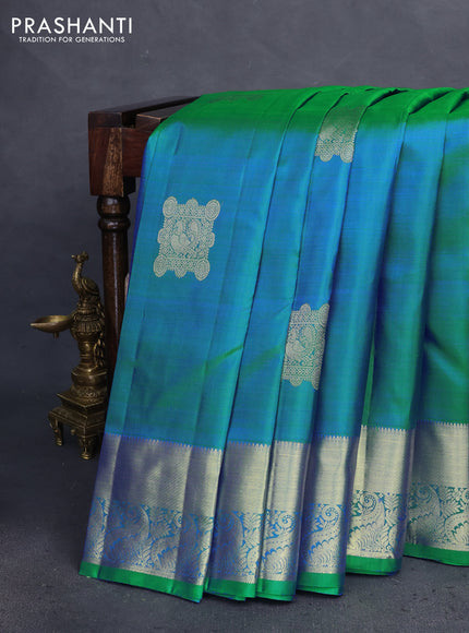 Pure kanchipuram silk saree dual shade of bluish green and royal blue with zari woven annam buttas and zari woven border