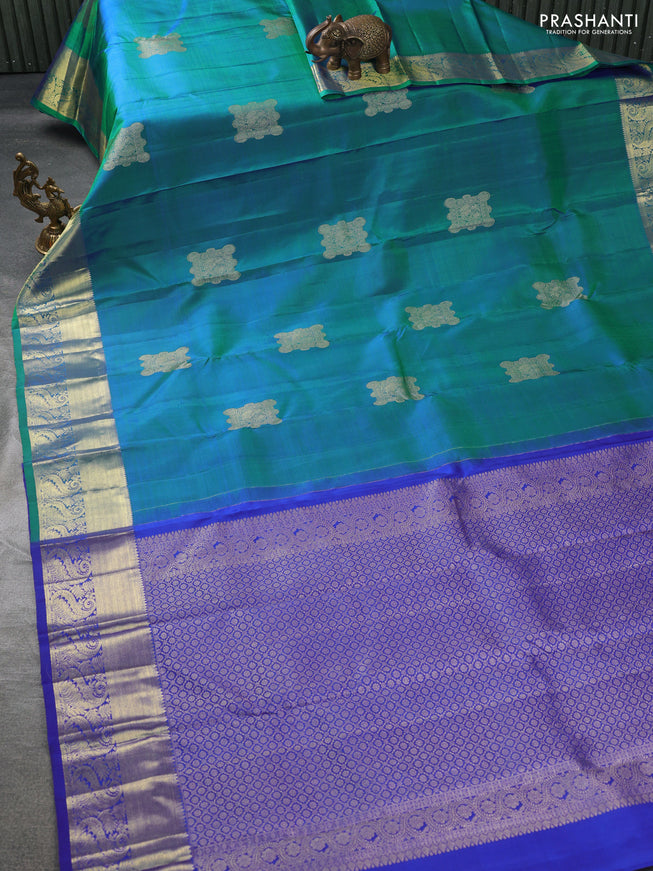 Pure kanchipuram silk saree dual shade of bluish green and royal blue with zari woven annam buttas and zari woven border