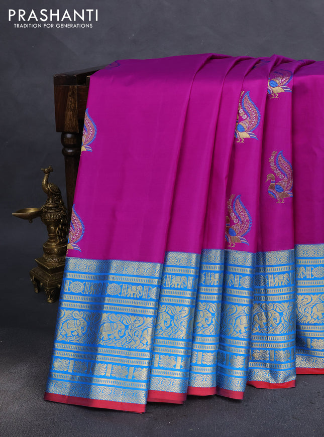 Pure gadwal silk saree purple and cs blue with zari woven buttas and rich zari woven border