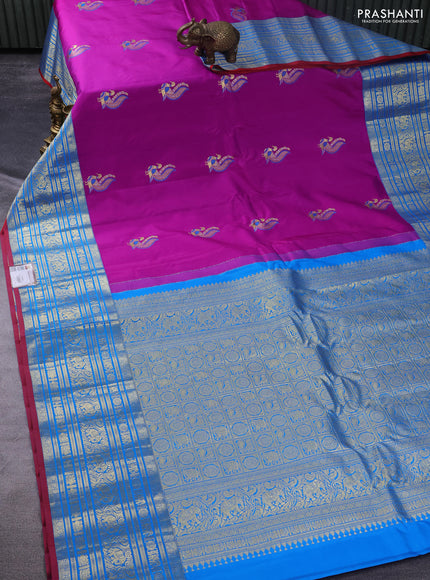 Pure gadwal silk saree purple and cs blue with zari woven buttas and rich zari woven border