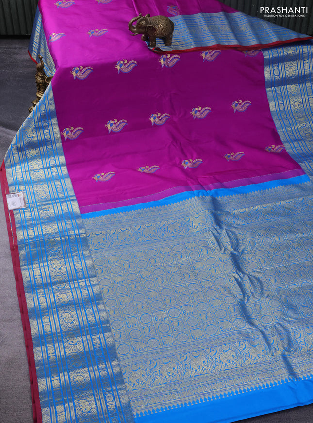 Pure gadwal silk saree purple and cs blue with zari woven buttas and rich zari woven border