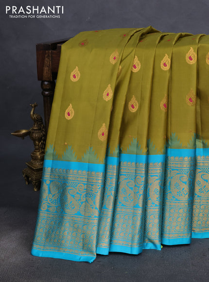 Pure gadwal silk saree mehendi green and teal blue with zari woven buttas and temple design long zari woven border