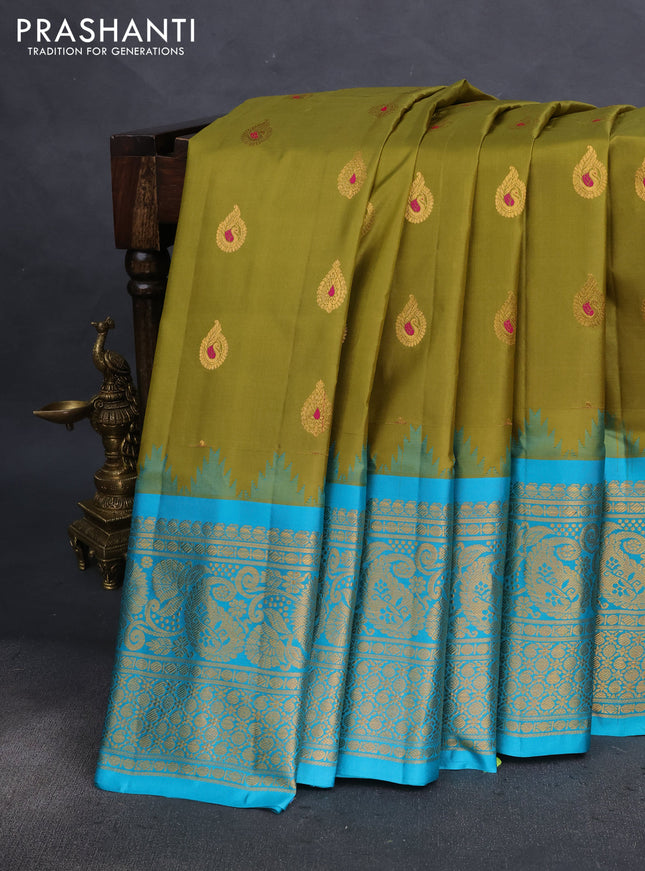 Pure gadwal silk saree mehendi green and teal blue with zari woven buttas and temple design long zari woven border